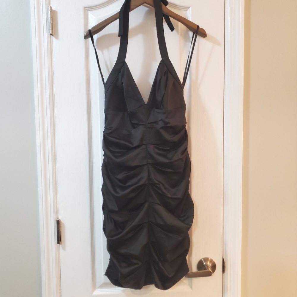 BCBGMaxAzria black halter satin dress